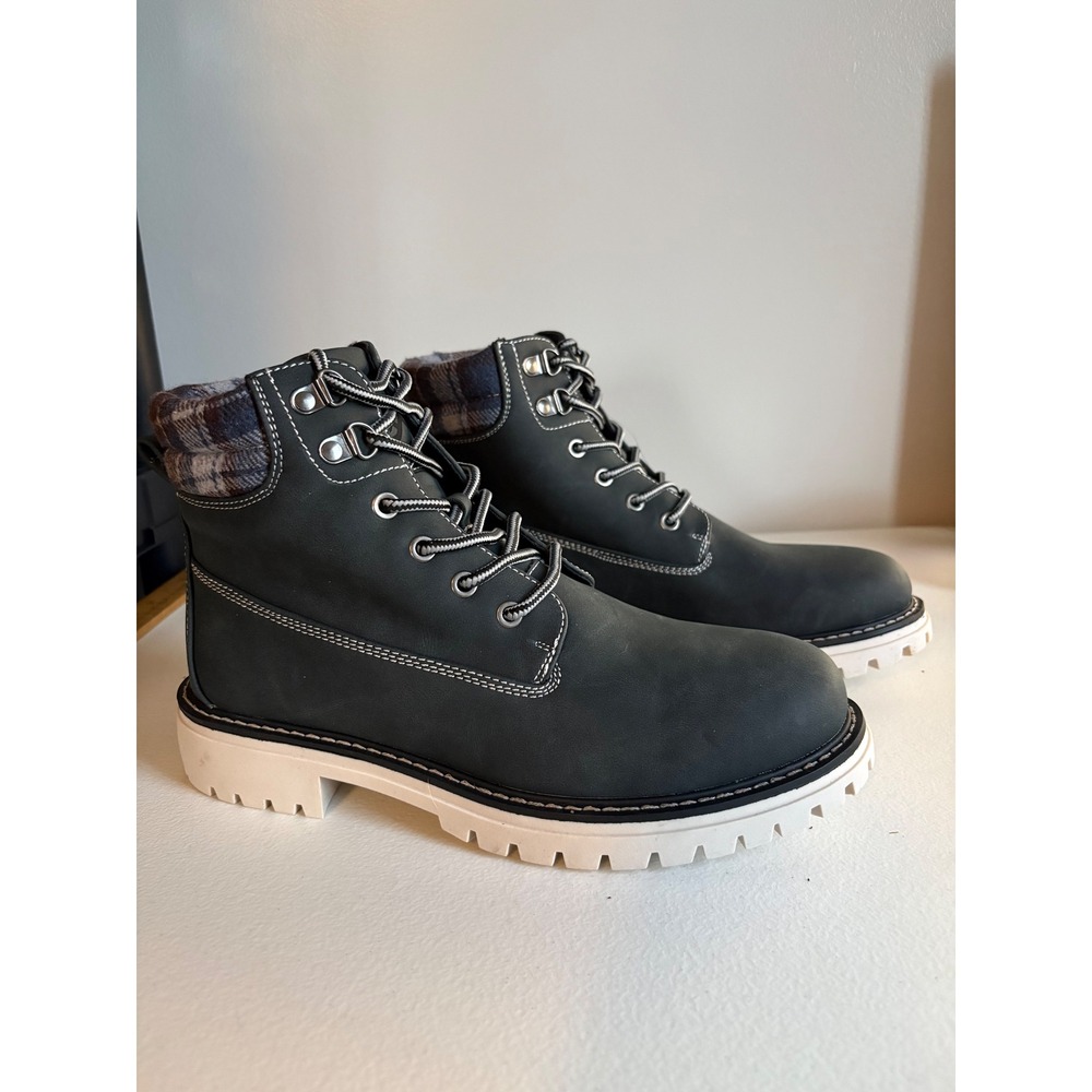 CARLKARIIDA Women Charcoal Gray Lace Up Lug‎ Sole Boots Size 9 Plaid Lined